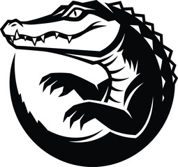 Alligator mascot logo in black and white, aggressive crocodile illustration, vector reptile design for sports, branding, and merchandise use