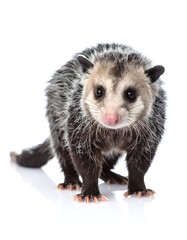 Fototapeta premium Front-facing portrait of a gray and white marsupial with a pink nose