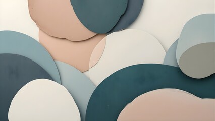 Soft pastel abstract 3D layered shapes. Organic rounded forms in teal, beige, and blue with subtle shadows. Modern minimalist background.