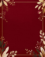 Fototapeta premium Elegant floral border on deep red background with golden frame and botanical elements, perfect for invitations and announcements