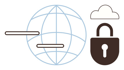 Globe grid with horizontal lines, cloud, and padlock representing secure global connectivity and data safety. Ideal for cybersecurity, cloud storage, online privacy, network technology, internet