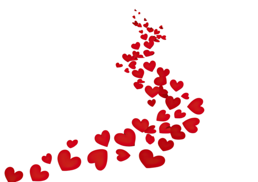 Red hearts in a winding path on a black background