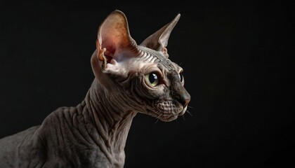 Hairless feline portrait, dark background, focused gaze