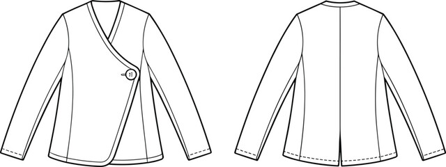 Asymmetrical women’s jacket flat sketch front and back view, long sleeve button closure design, stylish fashion template, CAD drawing vector illustration