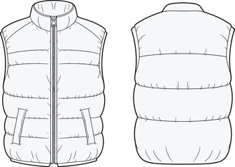 Puffer vest fashion flat sketch vector illustration front and back view quilted sleeveless jacket technical template for apparel design