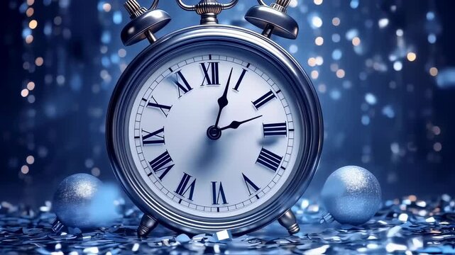 New Years Eve Countdown - Silver Clock and Festive Decorations.