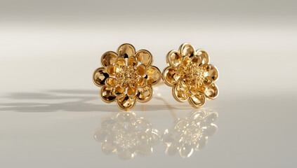 Two golden flower-shaped earrings displayed on a reflective, white surface.