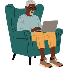 Elderly Black Man With Gray Hair And Beard Sitting In Teal Armchair Typing On Laptop Computer Wearing Light Blue Sweater And Orange Shorts