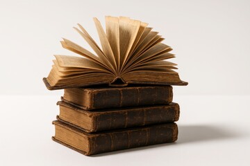 Small pile of worn antique books with an open volume on top fanning brittle pages vintage library concept on white