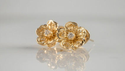Two golden flower-shaped earrings with a small diamond in the center, resting on a reflective surface.