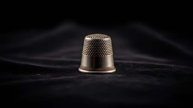 Vintage Metal Thimble on Dark Velvet Fabric, Sewing Tool Close-Up Video