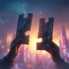 Futuristic City Puzzle Pieces Held By Hands