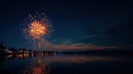 Colorful Fireworks Over Water At Sunset