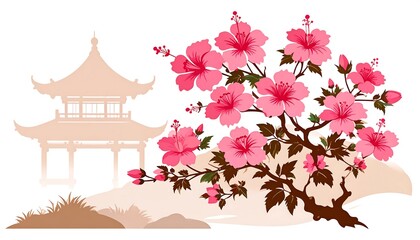 Japanese-inspired illustration of blooming flowers near a stylized pagoda