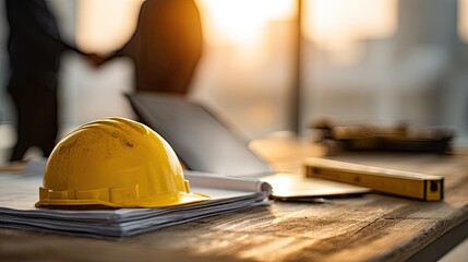 Construction Safety Helmet On Wooden Table With Plans And Tools Under Sunlight
