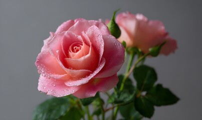 A one poses pink rose with peony rose light soft pink roses, dew on the petals