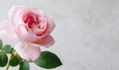 Fototapeta premium A one poses pink rose with peony rose light soft pink roses, dew on the petals