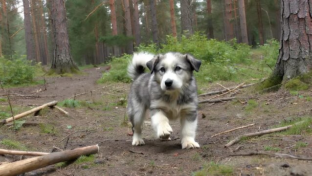 Mixed Breed Canine Leaping Joyfully Amidst a Forest Setting with Trees and
