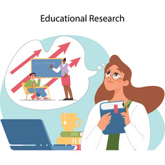 Educational Research Concept A Woman Scientist Thinks About Learning And Teaching In A Classroom With Arrows Going Upwards On Transparent Background