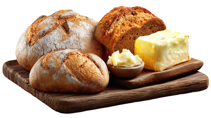 Freshly baked artisan sourdough bread loaf and a half, with a dollop of butter in a small bowl, isolated on transparent background