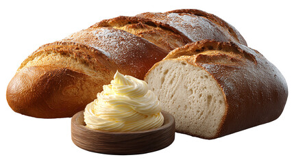 Freshly baked artisan sourdough bread loaf and a half, with a dollop of butter in a small bowl, isolated on transparent background