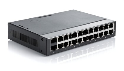 Black network switch with multiple ethernet ports sits on a white surface, casting a soft shadow
