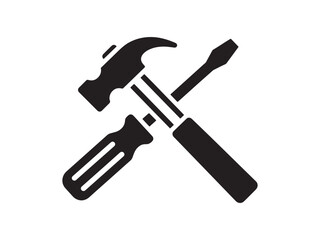 A simple black and white graphic of a hammer and screwdriver crossed over each other on white