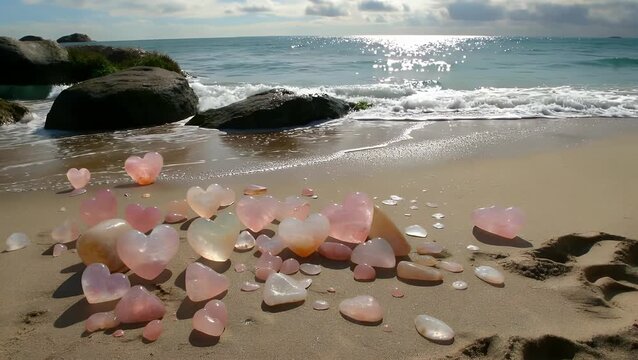 Naturally  Formed Rose-Colored Quartz Crystal in the Shape of a Heart Resting on a Sandy Shore with Ocean