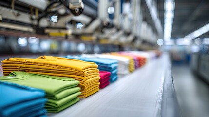 Colorful T-Shirts On Conveyor Belt In Factory
