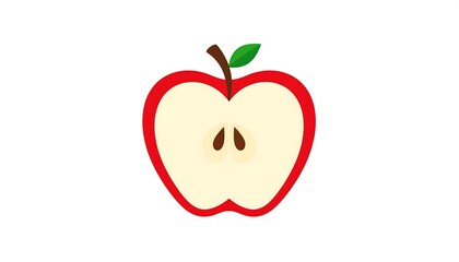 Fototapeta premium A flat, simplified illustration of a halved red apple, showing the inner flesh, seeds, stem, and a small leaf