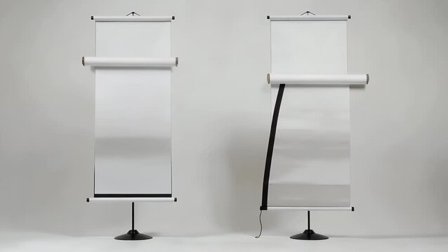 Three-Dimensional Computer Generated Representation of a Pair of Tall Vertical Blank White Advertising Roll-Up Standee