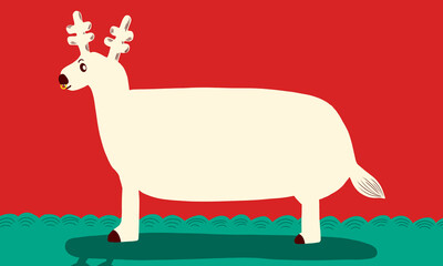 Cute cartoon reindeer standing on green grass with red sky. emplate banner with copy space.