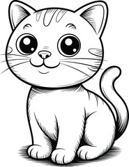 Cute cartoon cat black and white line art illustration for kids coloring book, adorable kitten drawing for children education design