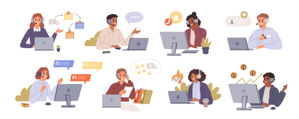 Call center workers. Online consultations, support service, people talking on headset, operators in touch with customers, man and woman on workplace, garish vector cartoon isolated set