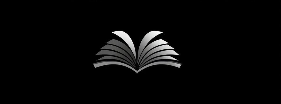 Abstract silver book design, spread open with multiple stylized pages on black backdrop