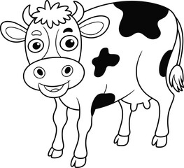 Cute cartoon cow black and white line drawing, simple farm animal illustration for kids coloring book and educational materials