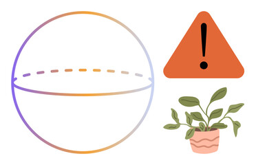 Gradient-outlined sphere split with dashed line, orange caution triangle with exclamation mark, and potted plant. Ideal for sustainability, nature, caution, balance, awareness, mindfulness simple