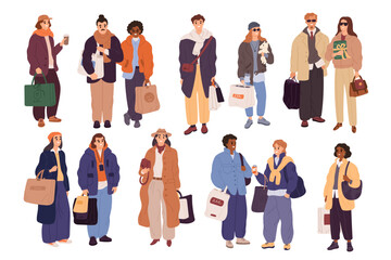 Shopping casual characters. Fashionably dressed happy people with bags, multi layered seasonal outfits, street outlooks, couple walking, cartoon flat style isolated garish vector set