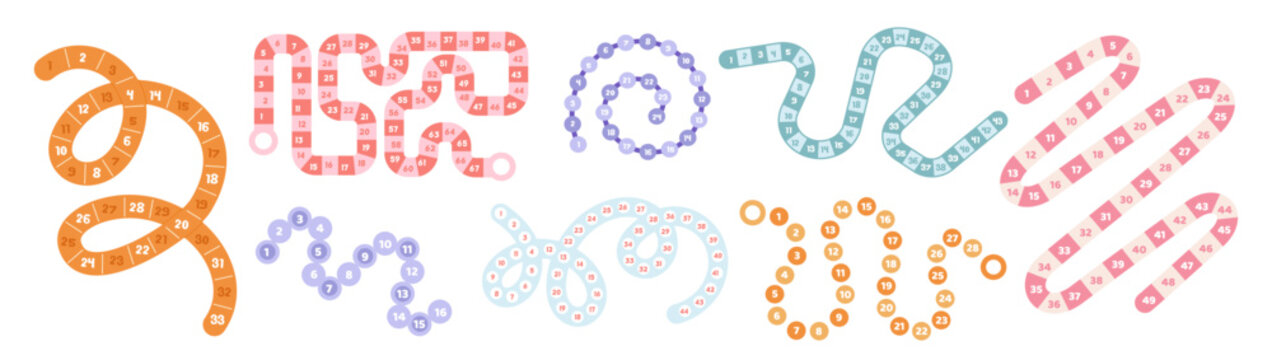 Step by step games templates. Board family puzzle games, chips movement, entertainment for company, gradual passage with numbers, path and finish, cartoon flat isolated garish vector set