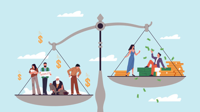 Poor vs rich people. Social classes with different financial incomes, scales with bowls, millionaires and unemployed, economic crisis, cartoon flat style isolated nowaday vector concept
