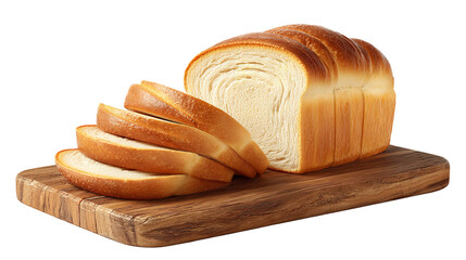 A freshly baked loaf of white bread, sliced and presented on a rustic wooden cutting board, isolated on a transparent background