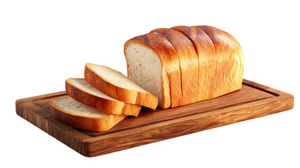 A freshly baked loaf of white bread, sliced and presented on a rustic wooden cutting board, isolated on a transparent background
