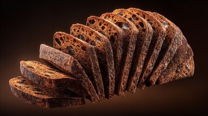Artisan sourdough bread, sliced and fanned out, showcasing its rustic crust and open crumb texture, against a dark, moody background