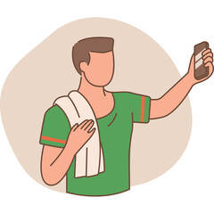 Man Wearing Green T Shirt Taking Selfie With White Towel On Shoulder Isolated On Transparent Background