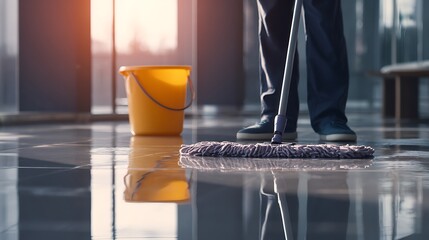 Dedicated cleaning service worker diligently mopping a reflective, pristine floor in a contemporary office building, ensuring a spotless and hygienic environment