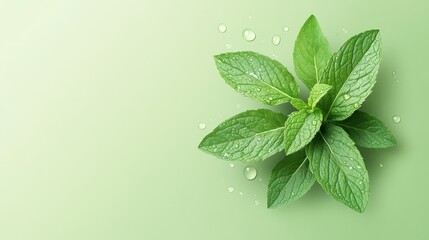 53.A detailed close-up of a sprig of mint with dew drops glistening on its leaves, highlighted by a smooth gradient green backdrop that emphasizes the fresh, vibrant color of the mint.