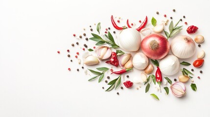 66.A detailed top view of a fresh bunch of onions and garlic cloves, with scattered red hot chili peppers, peppercorns, and cumin seeds, positioned beautifully against a smooth white background that