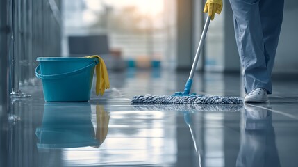 Professional Cleaner Mopping a Shiny Floor with Bucket in the Background
