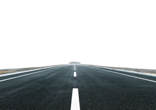 Asphalt road receding into darkness, white lines