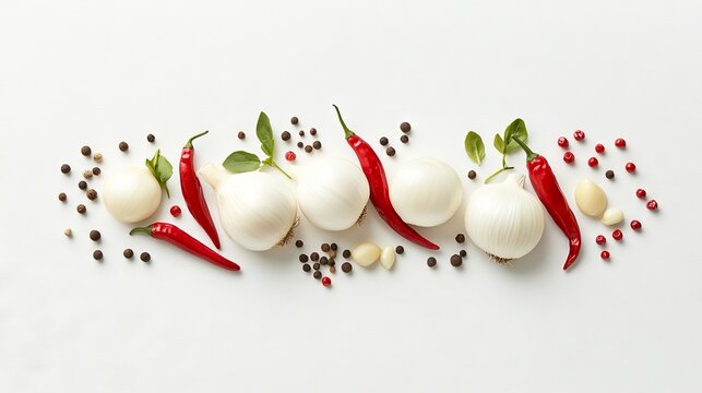 66.A detailed top view of a fresh bunch of onions and garlic cloves, with scattered red hot chili peppers, peppercorns, and cumin seeds, positioned beautifully against a smooth white background that